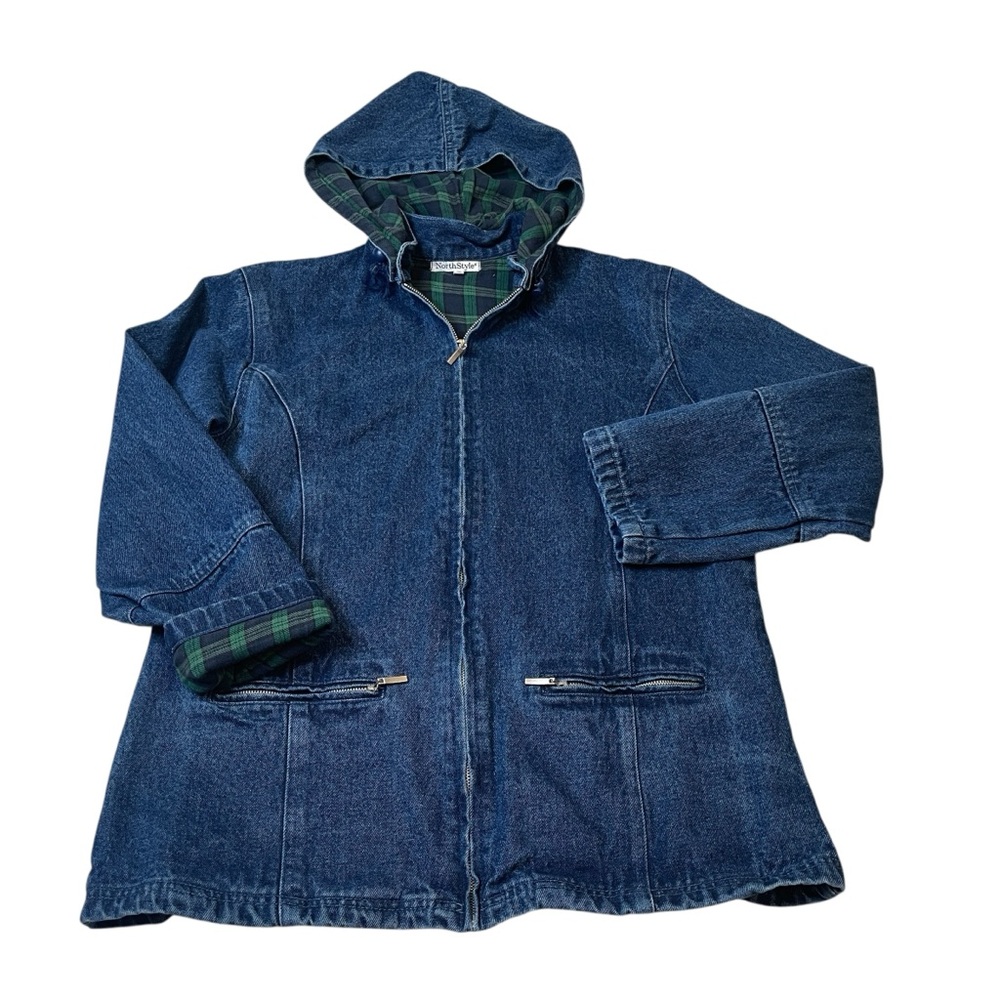 NorthStyle Hooded Dark Blue Denim Jacket with Green Plaid Lining
